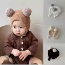 Cute Winter Warm Kids Girl Boys Baby Hats Fleece Wool Hemming Caps with Ball Solid Wool Ear Protection Hats Soft Newborn Bonnet